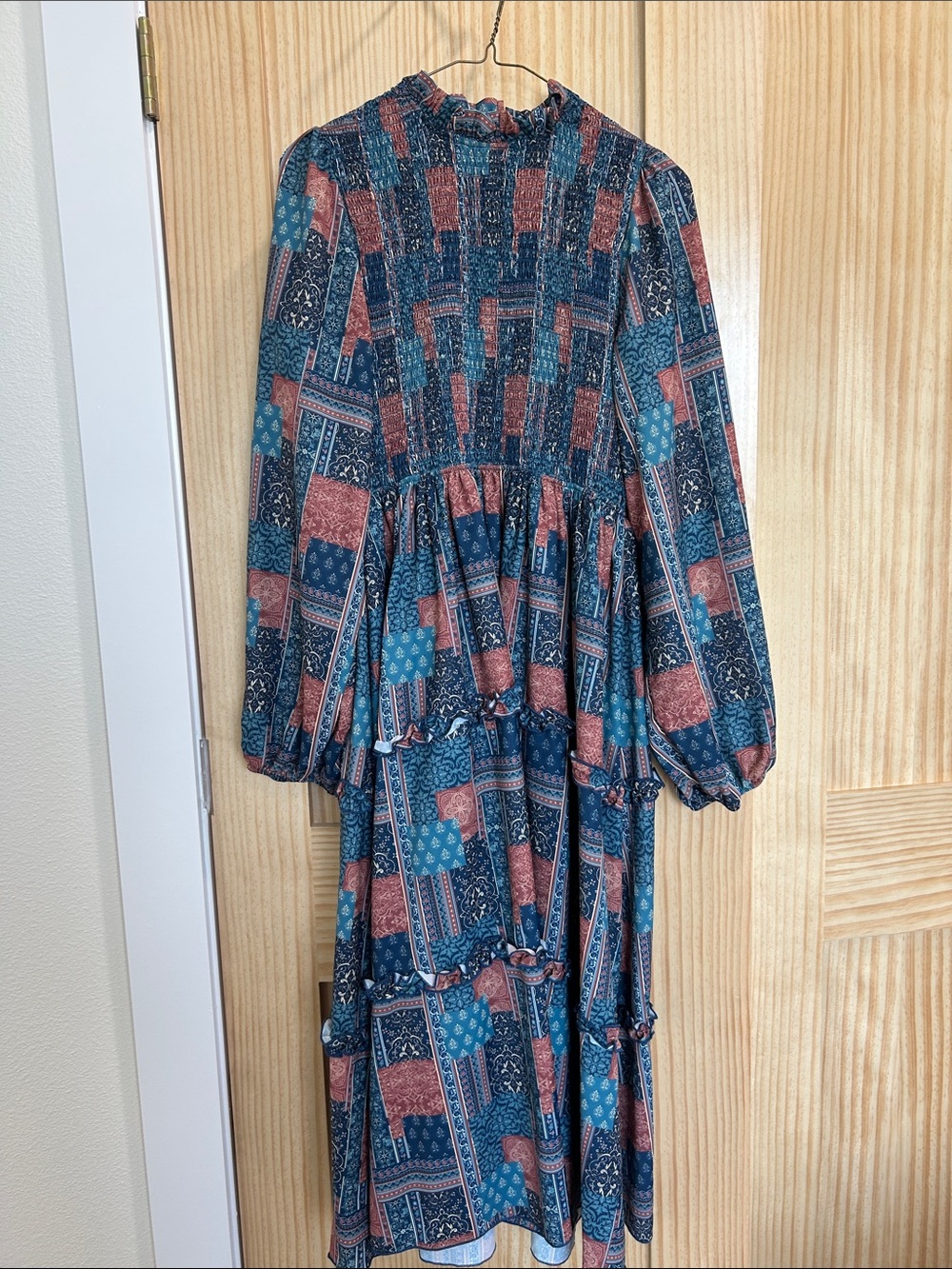Simply Southern Blue and Rust Patchwork Long Sleeve Dress